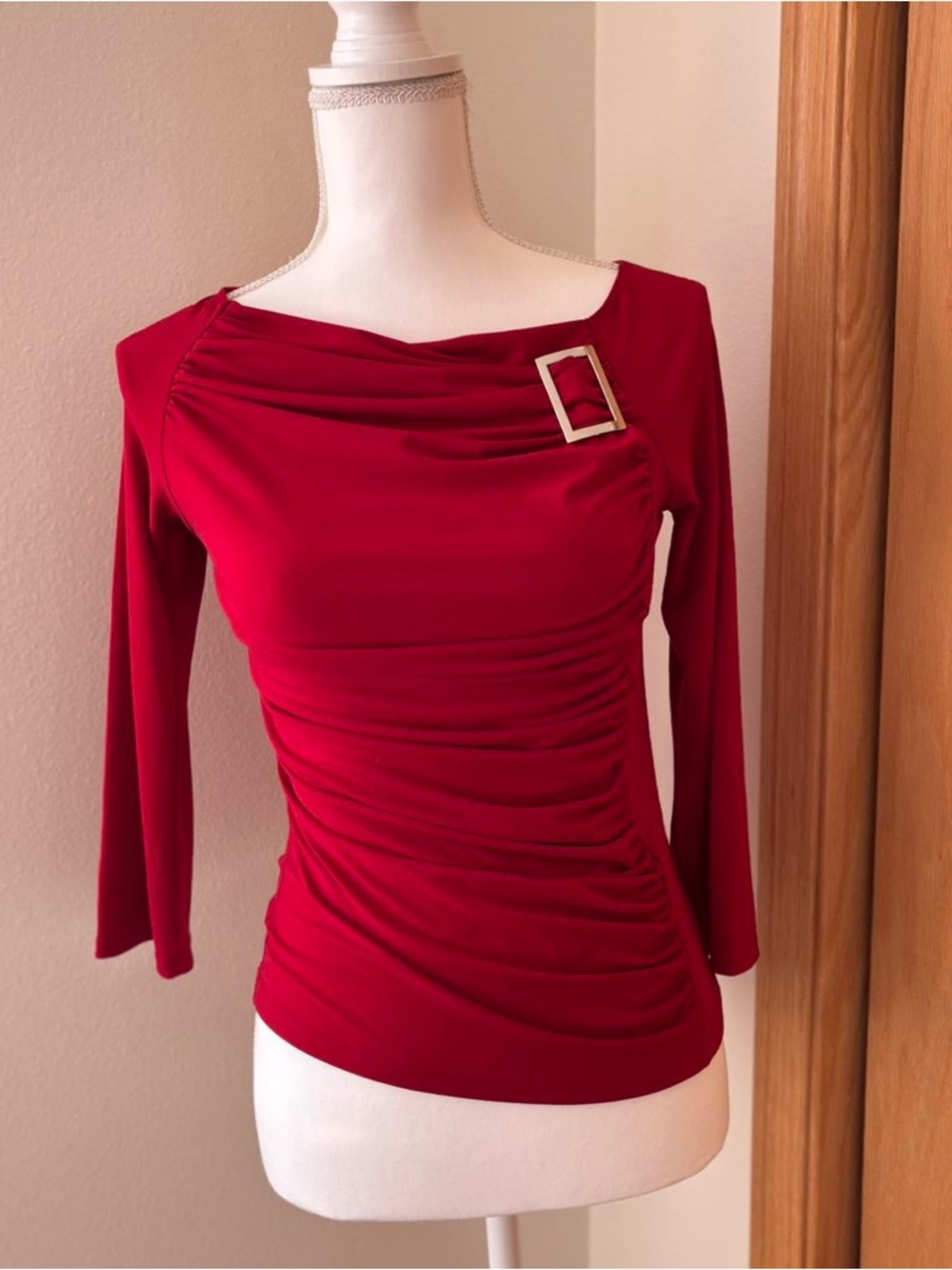 FANG Red Ruched Long-Sleeve Top with Gold Buckle Accent